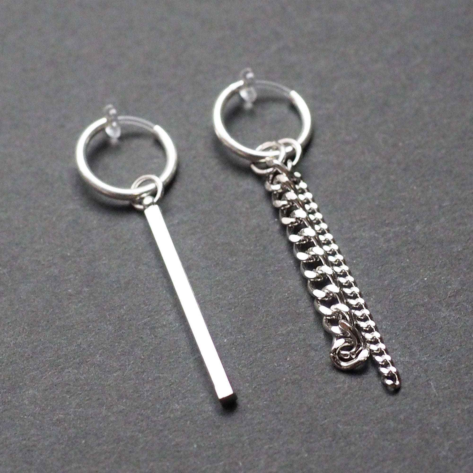 Silver Chain & Bar Invisible Clip On Hoop Earrings - Miyabi Grace