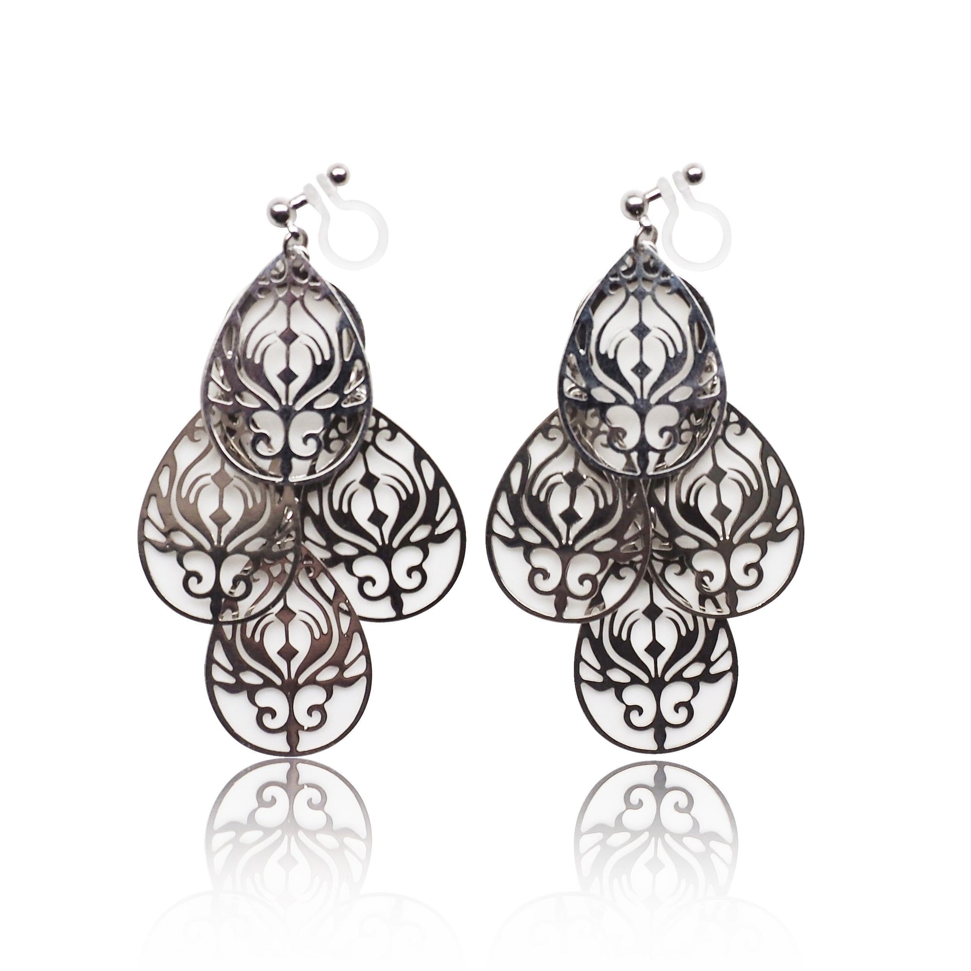 Dangle silver filigree invisible clip on earrings - miyabigracejewelry.com