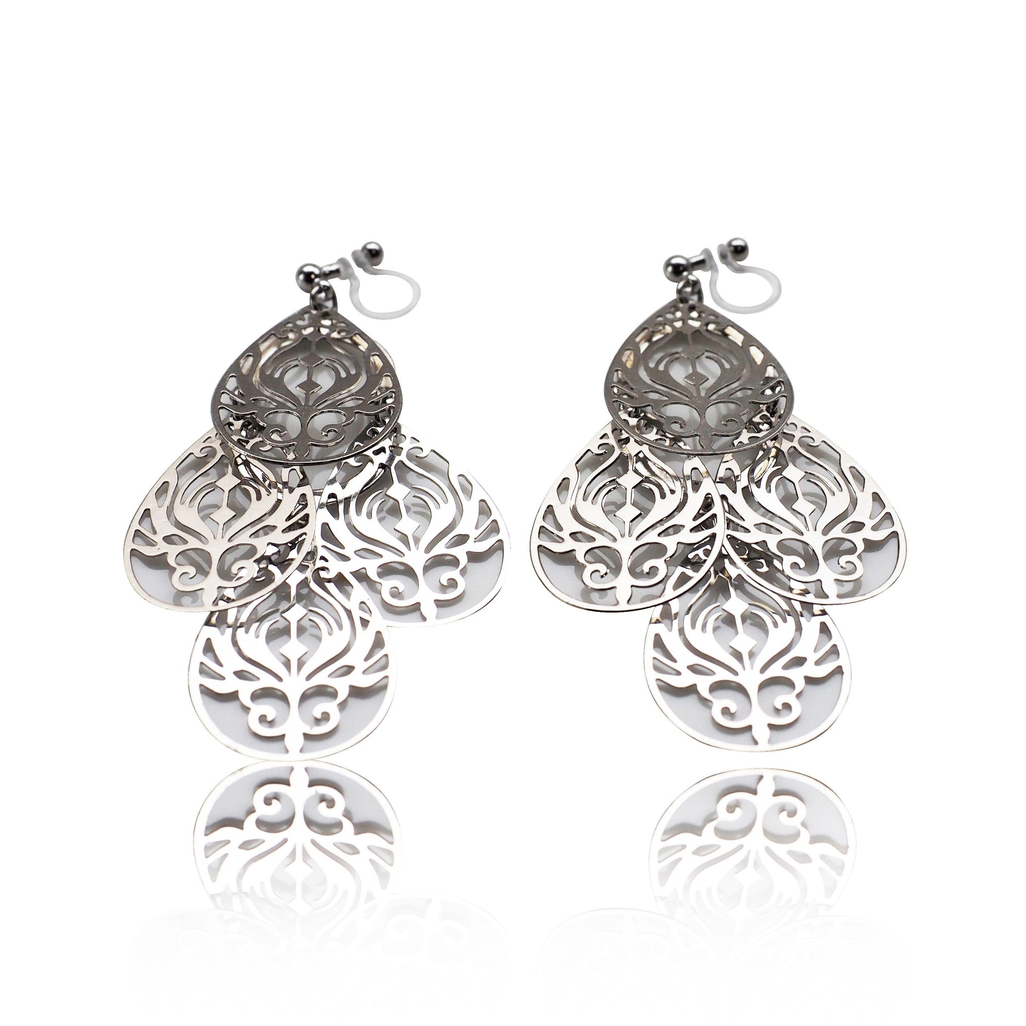Dangle silver filigree invisible clip on earrings - miyabigracejewelry.com