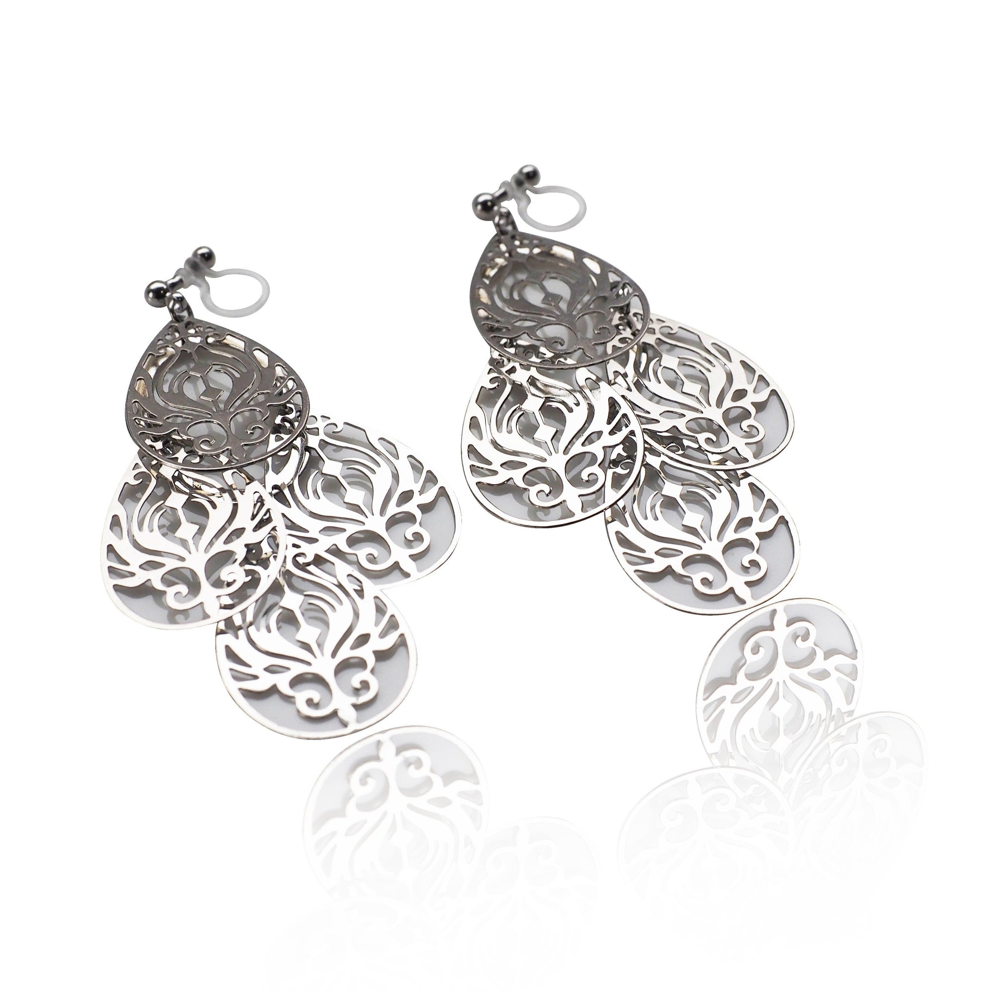 Dangle silver filigree invisible clip on earrings - miyabigracejewelry.com