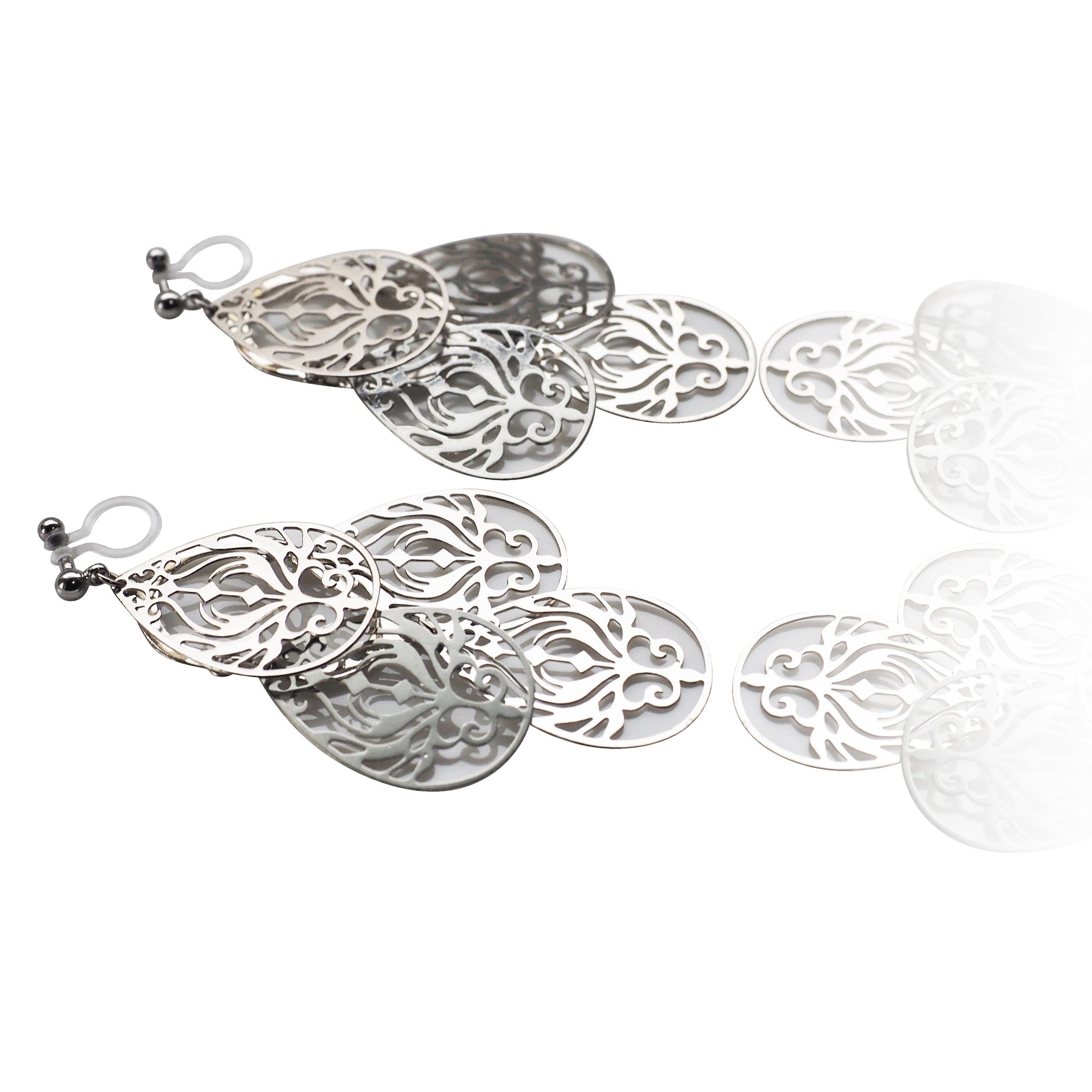 Dangle silver filigree invisible clip on earrings - miyabigracejewelry.com