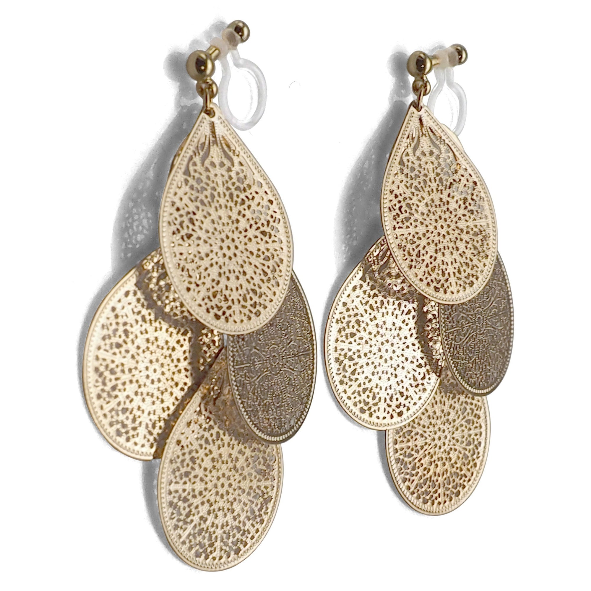 Dangle gold filigree invisible clip on earrings - miyabigracejewelry.com