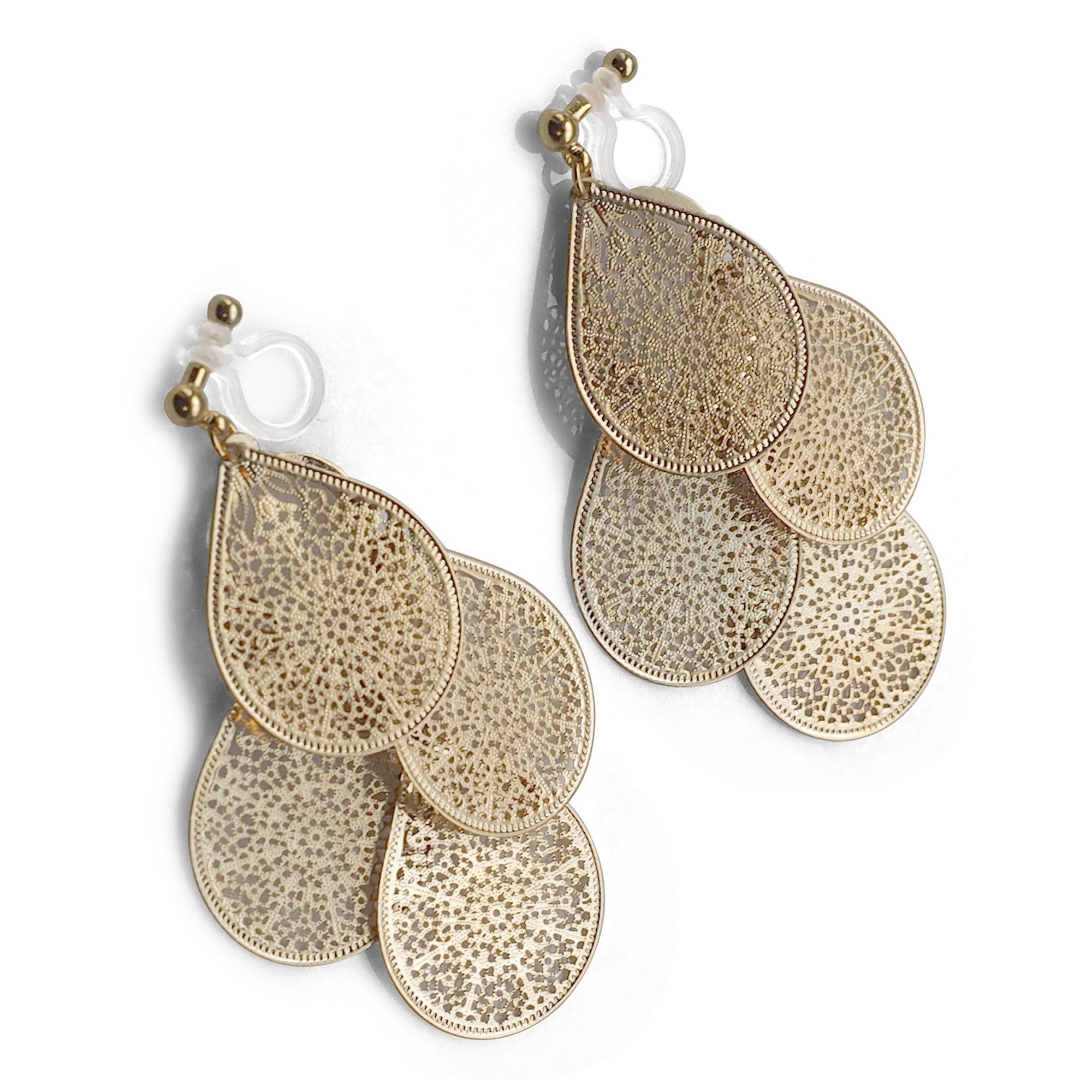 Dangle gold filigree invisible clip on earrings - miyabigracejewelry.com