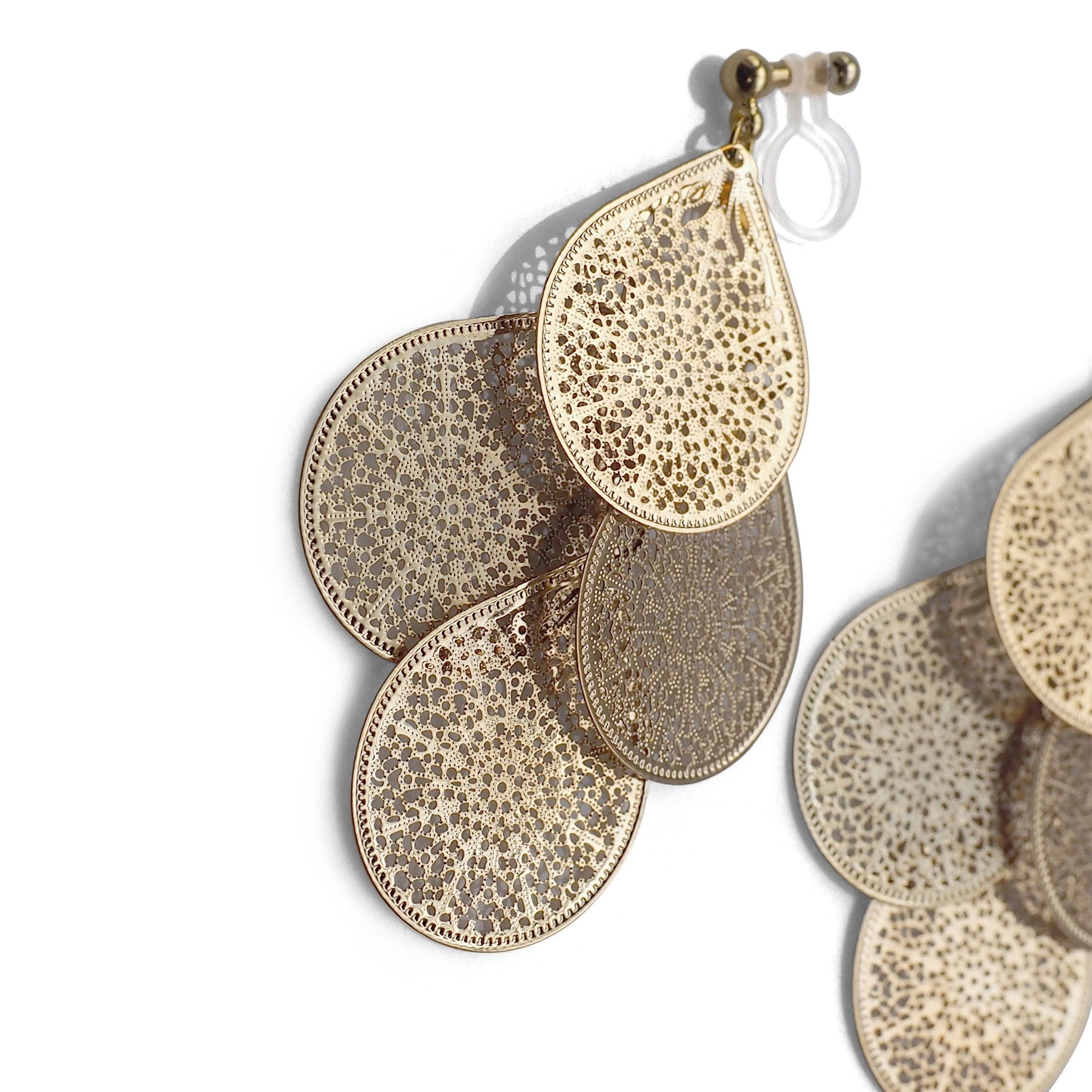Dangle gold filigree invisible clip on earrings - miyabigracejewelry.com