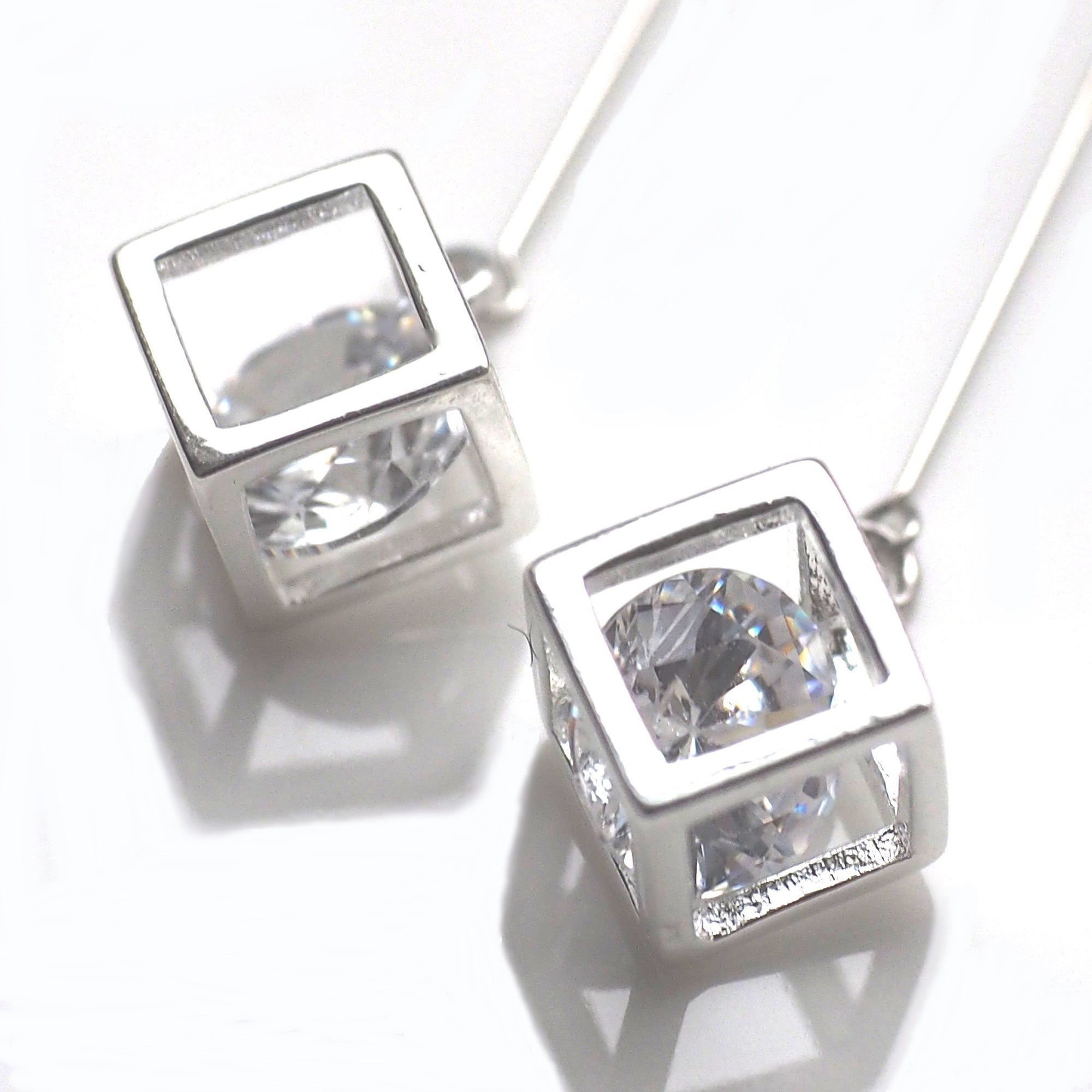 Cubic zirconia crystal in silver cube invisible clip on earrings - miyabigracejewelry.com