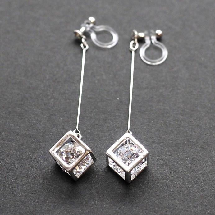 Cubic zirconia crystal in silver cube invisible clip on earrings - miyabigracejewelry.com