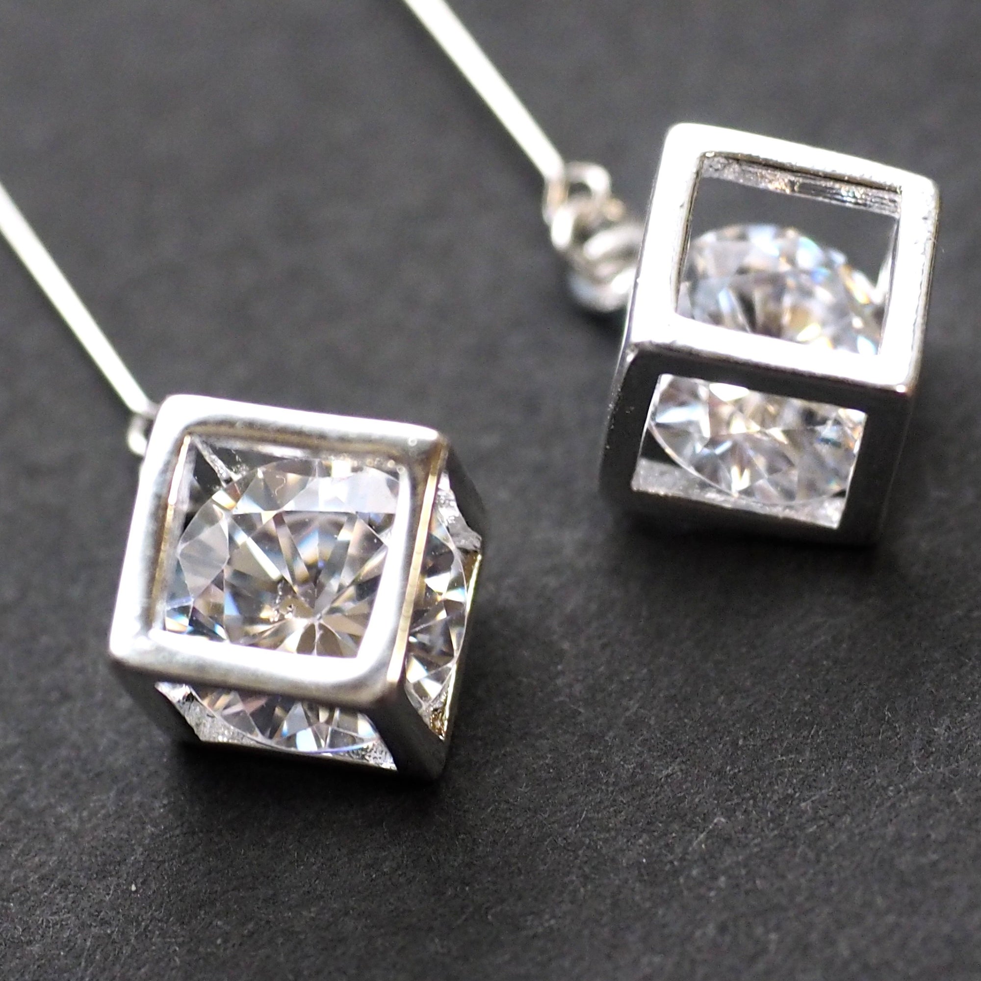 Cubic zirconia crystal in silver cube invisible clip on earrings - miyabigracejewelry.com