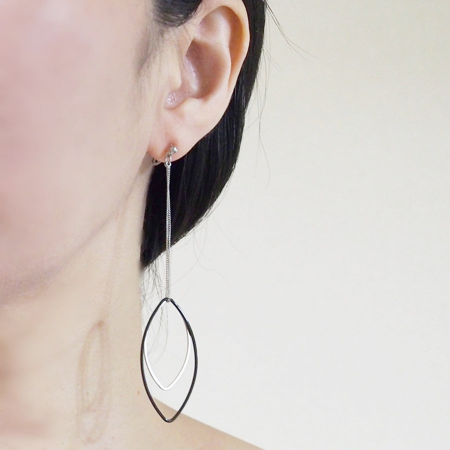 Long silver and black oval hoop invisible clip on earrings - miyabigracejewelry.com