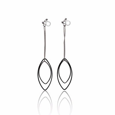 Long silver and black oval hoop invisible clip on earrings - miyabigracejewelry.com