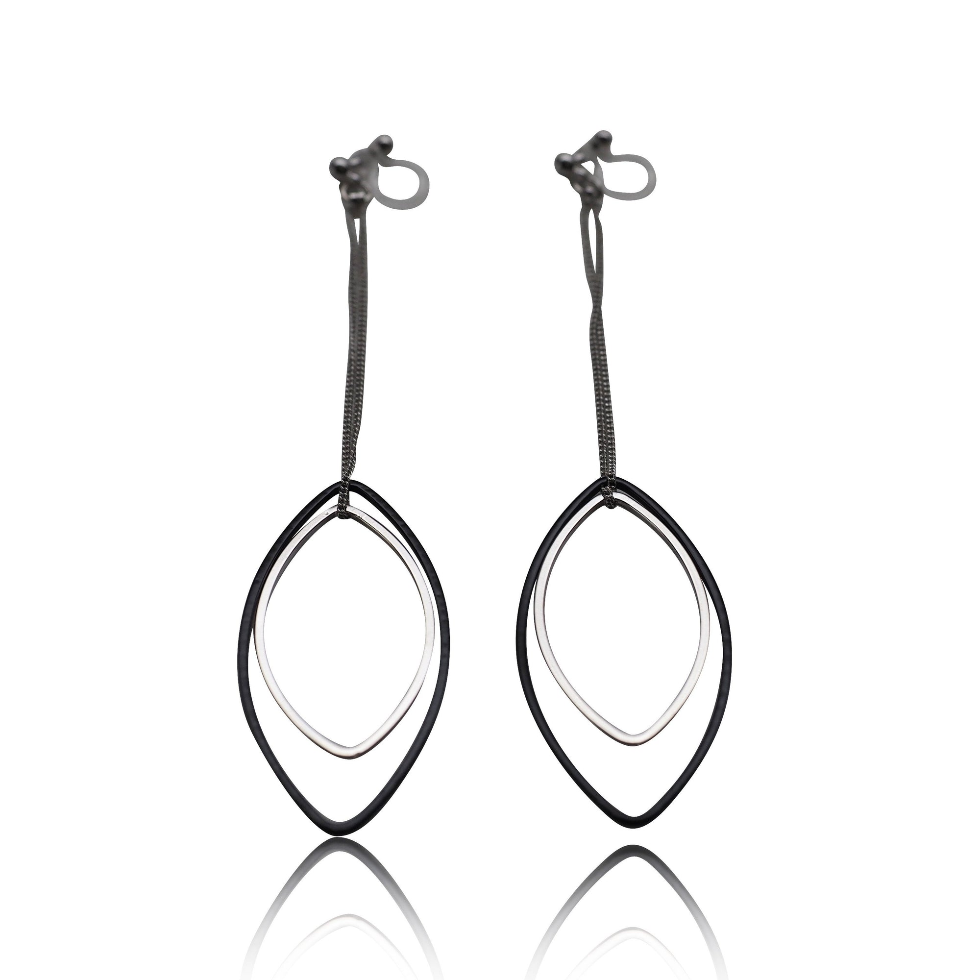 Long silver and black oval hoop invisible clip on earrings - miyabigracejewelry.com