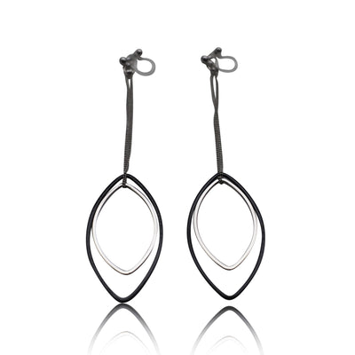 Long silver and black oval hoop invisible clip on earrings - miyabigracejewelry.com