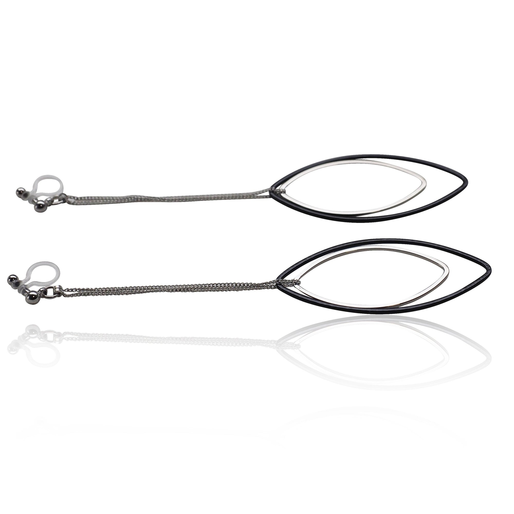 Long silver and black oval hoop invisible clip on earrings - miyabigracejewelry.com