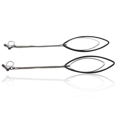 Long silver and black oval hoop invisible clip on earrings - miyabigracejewelry.com