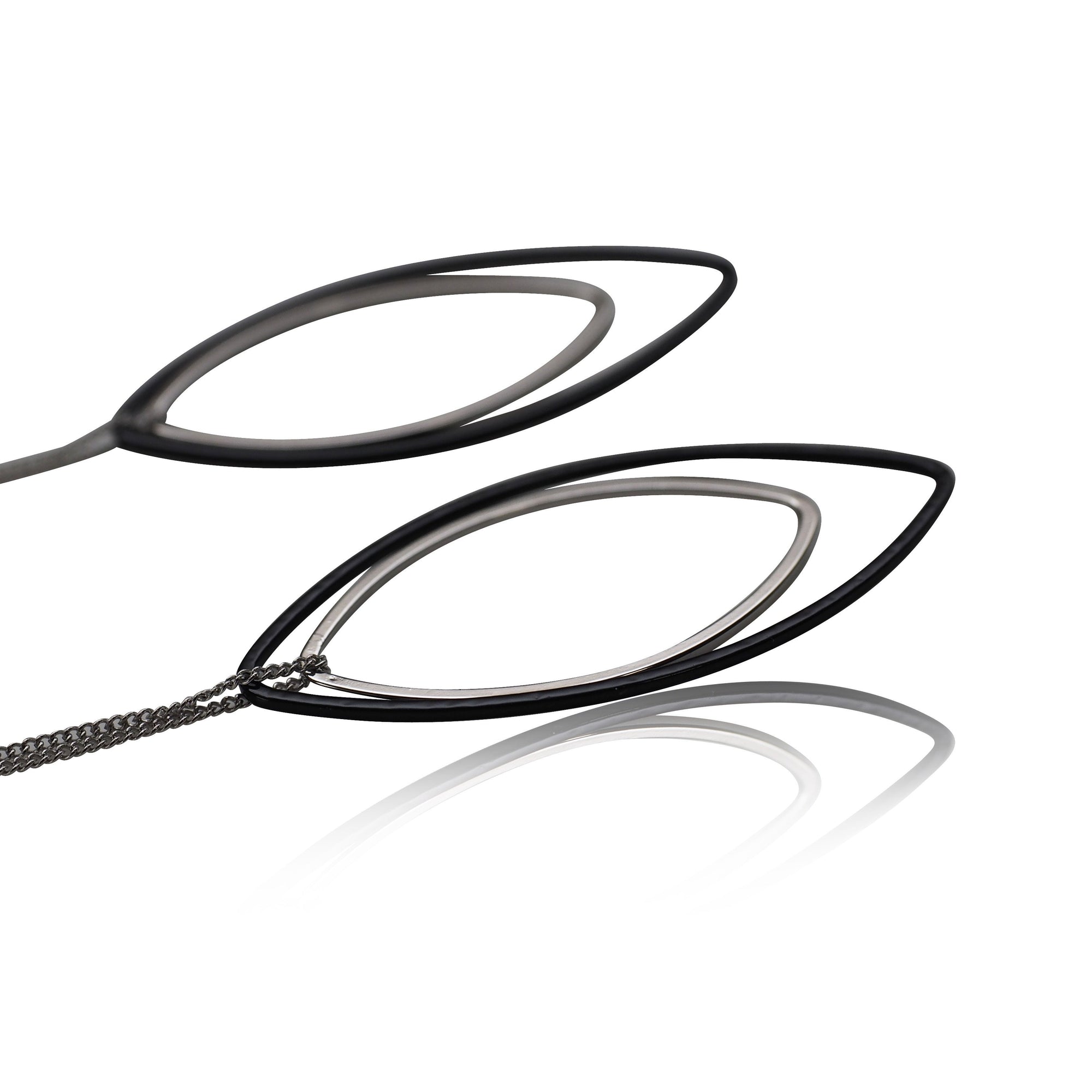 Long silver and black oval hoop invisible clip on earrings - miyabigracejewelry.com