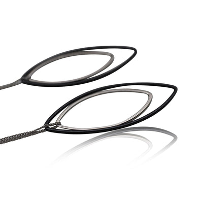 Long silver and black oval hoop invisible clip on earrings - miyabigracejewelry.com