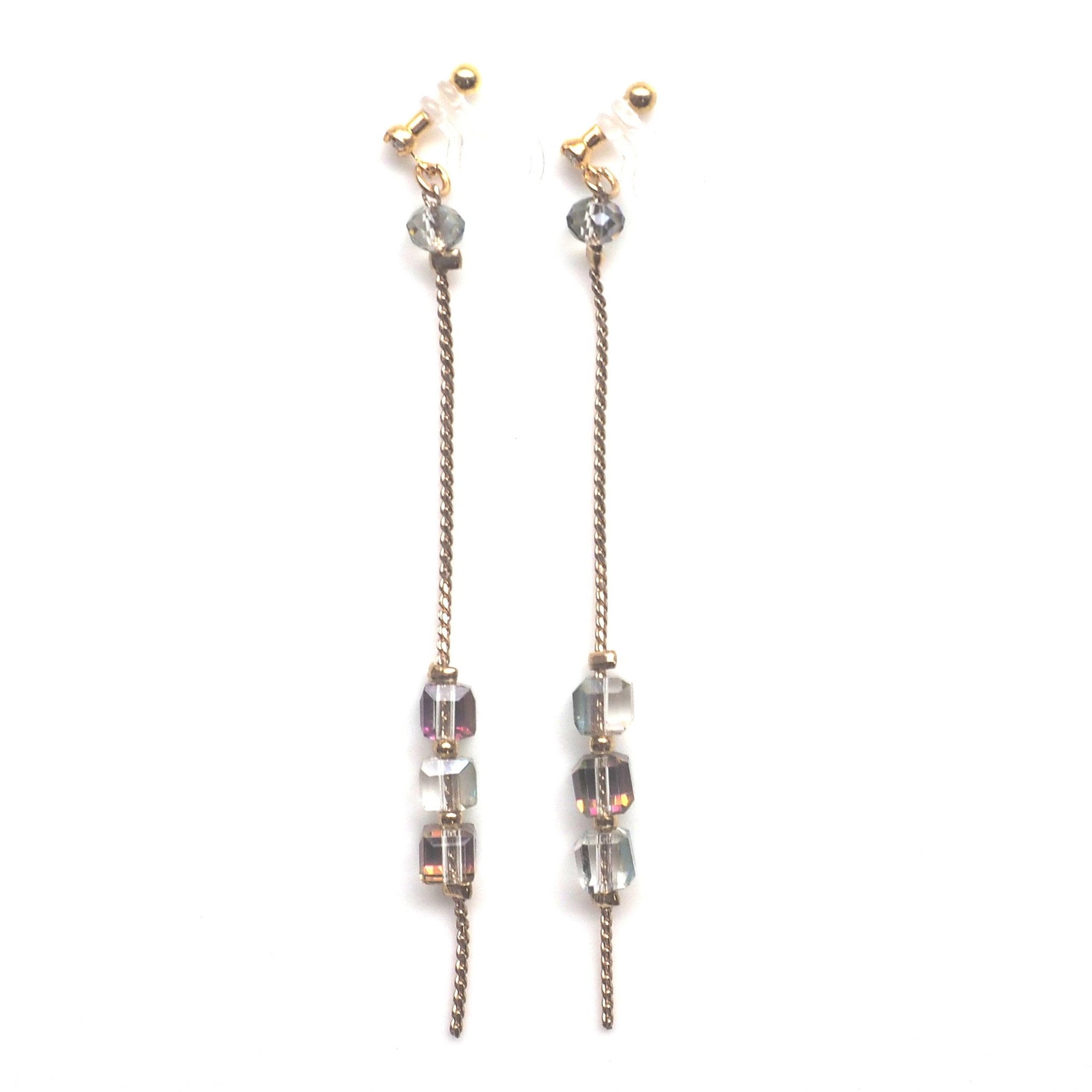Shiny green cube crystal invisible clip on earrings - miyabigracejewelry.com
