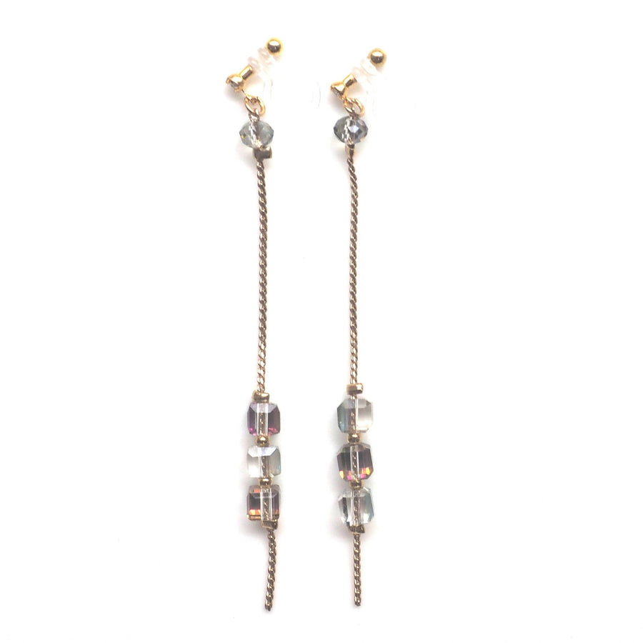 Shiny green cube crystal invisible clip on earrings - miyabigracejewelry.com