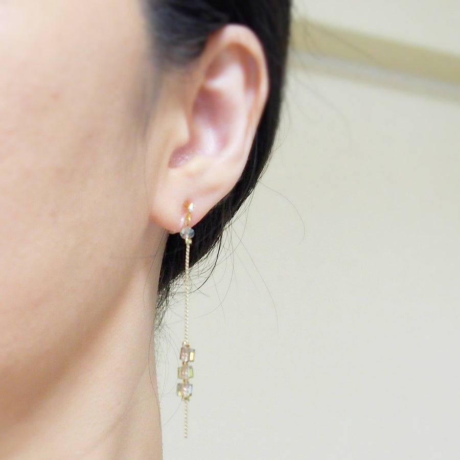 Shiny green cube crystal invisible clip on earrings - miyabigracejewelry.com