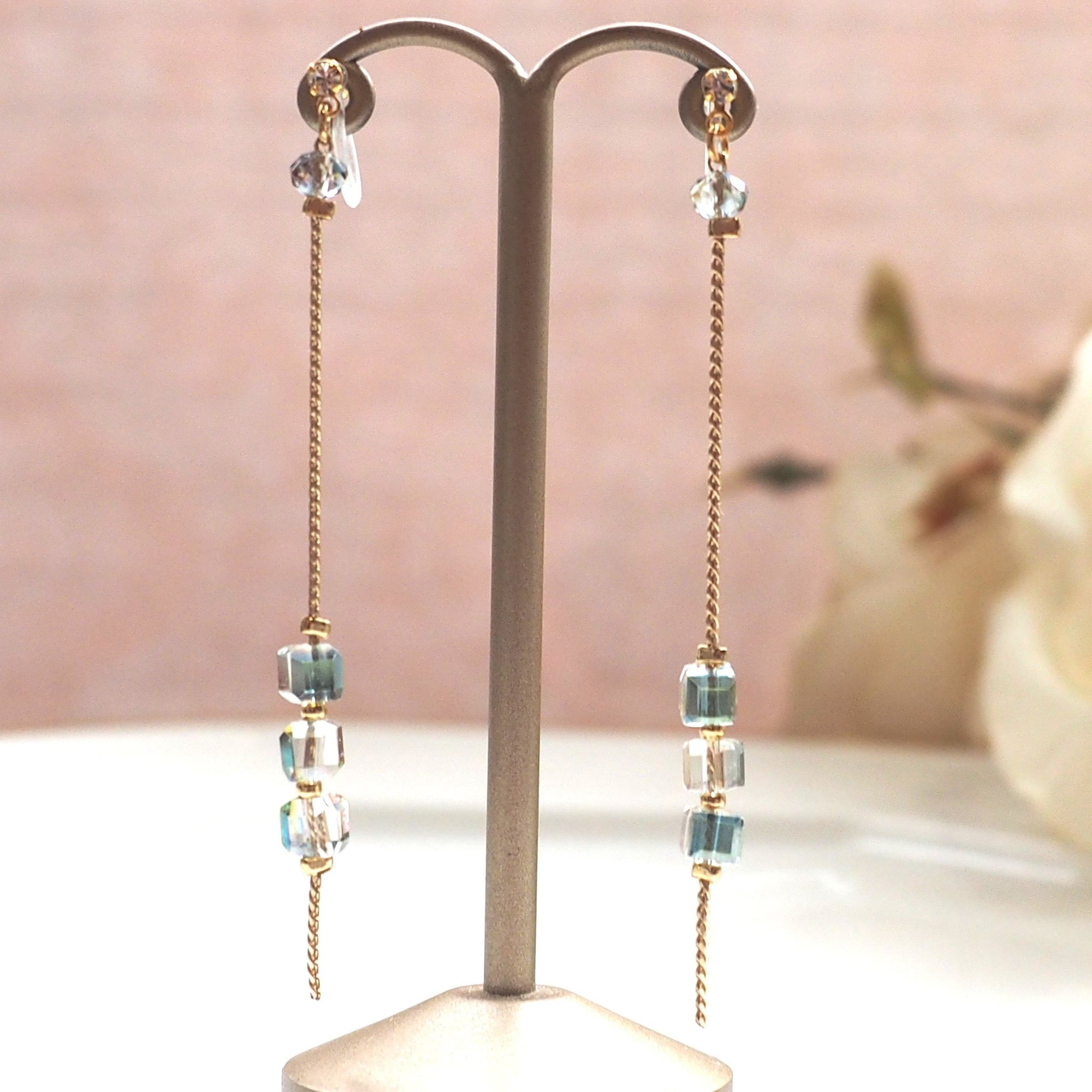 Shiny green cube crystal invisible clip on earrings - miyabigracejewelry.com