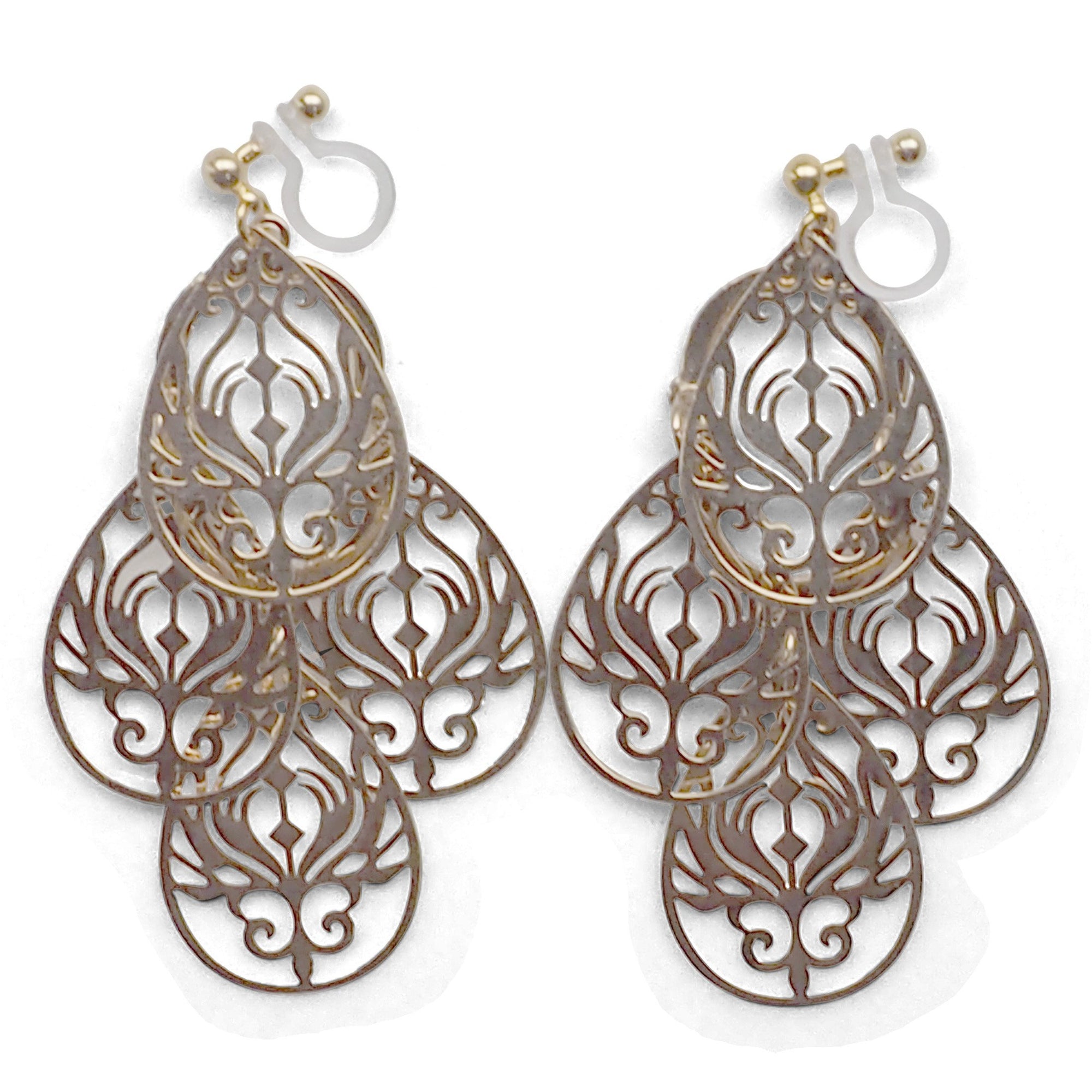 Dangle gold filigree invisible clip on earrings - miyabigracejewelry.com