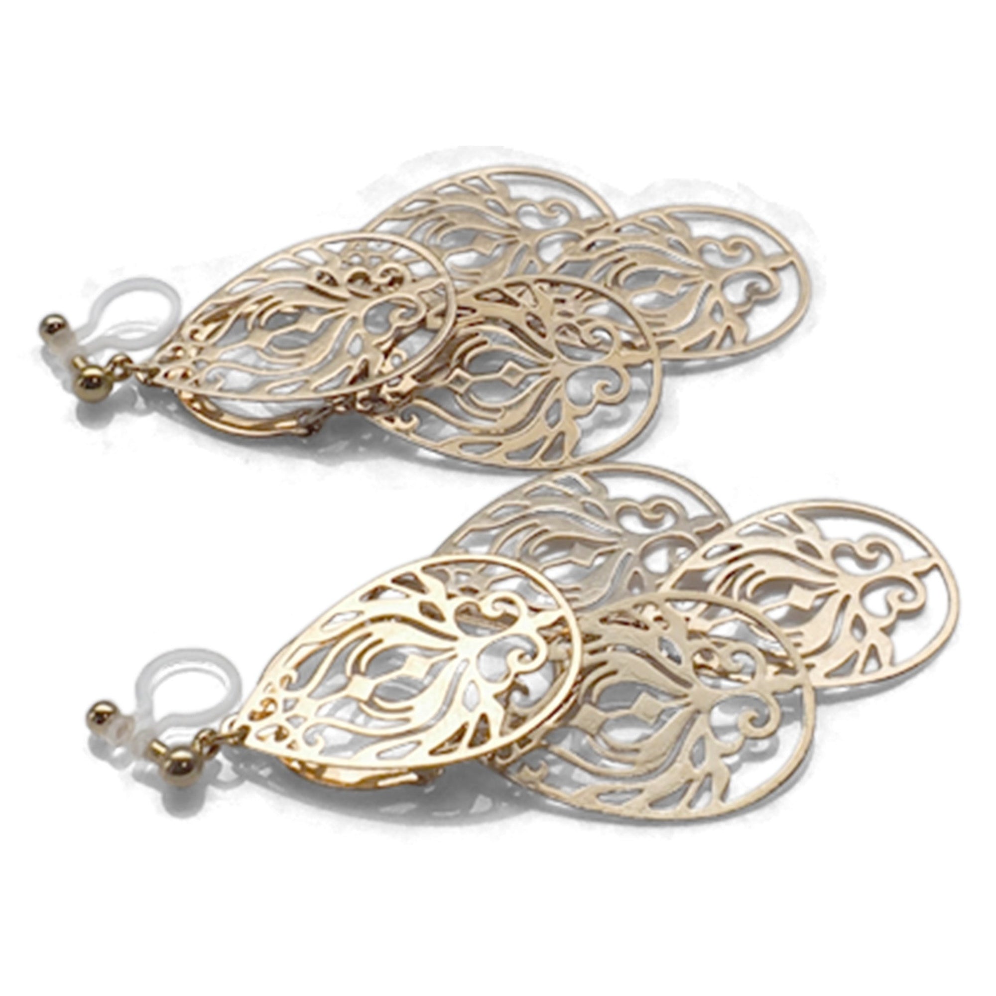 Dangle gold filigree invisible clip on earrings - miyabigracejewelry.com