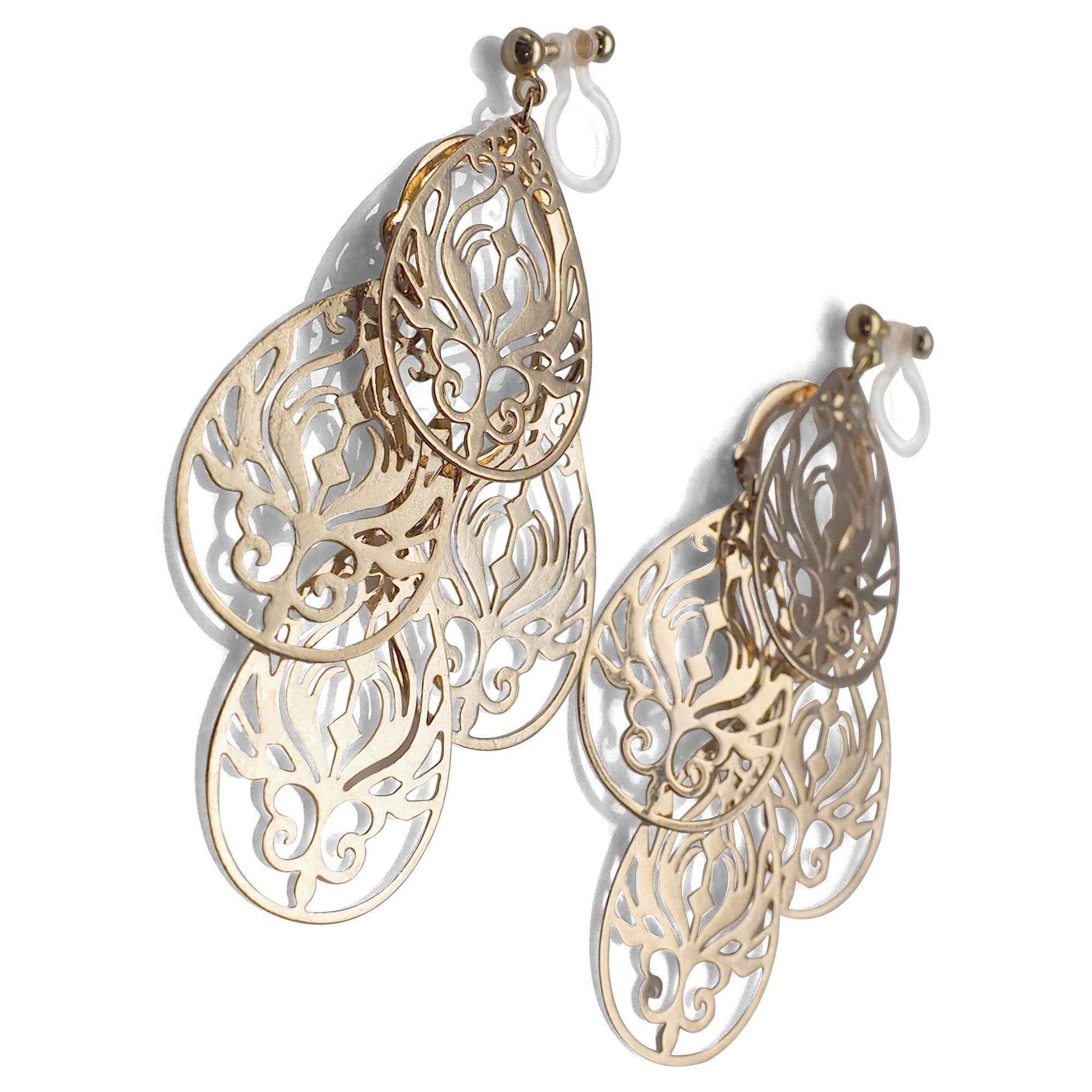 Dangle gold filigree invisible clip on earrings - miyabigracejewelry.com