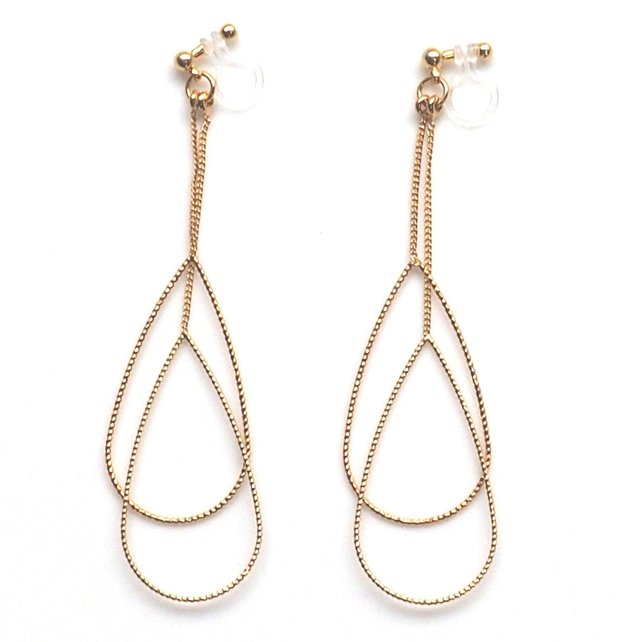 Dangle gold double pear hoop invisible clip on earrings - miyabigracejewelry.com