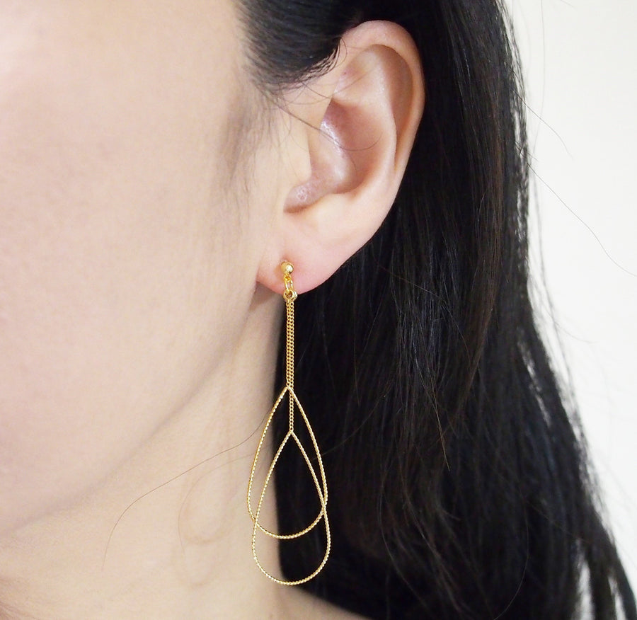 Dangle gold double pear hoop invisible clip on earrings - miyabigracejewelry.com