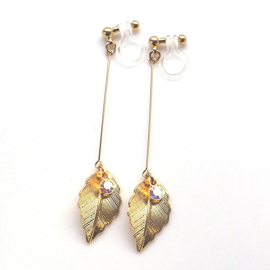 Dangle gold leaf invisible clip on earrings - miyabigracejewelry.com