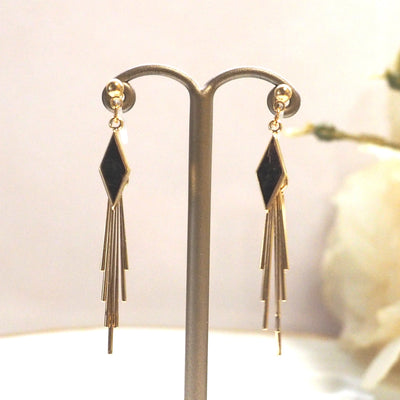 Gold diamond shape with fringe invisible clip on earrings - miyabigracejewelry.com