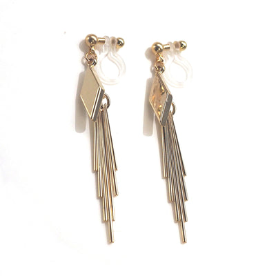 Gold diamond shape with fringe invisible clip on earrings - miyabigracejewelry.com