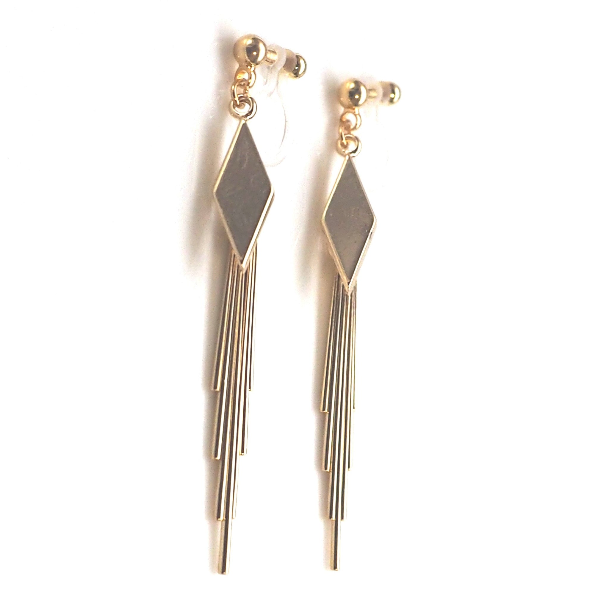 Gold diamond shape with fringe invisible clip on earrings - miyabigracejewelry.com