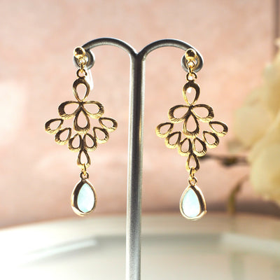 Gold peacock feather with mint green teardrop glass invisible clip on earrings - miyabigracejewelry.com