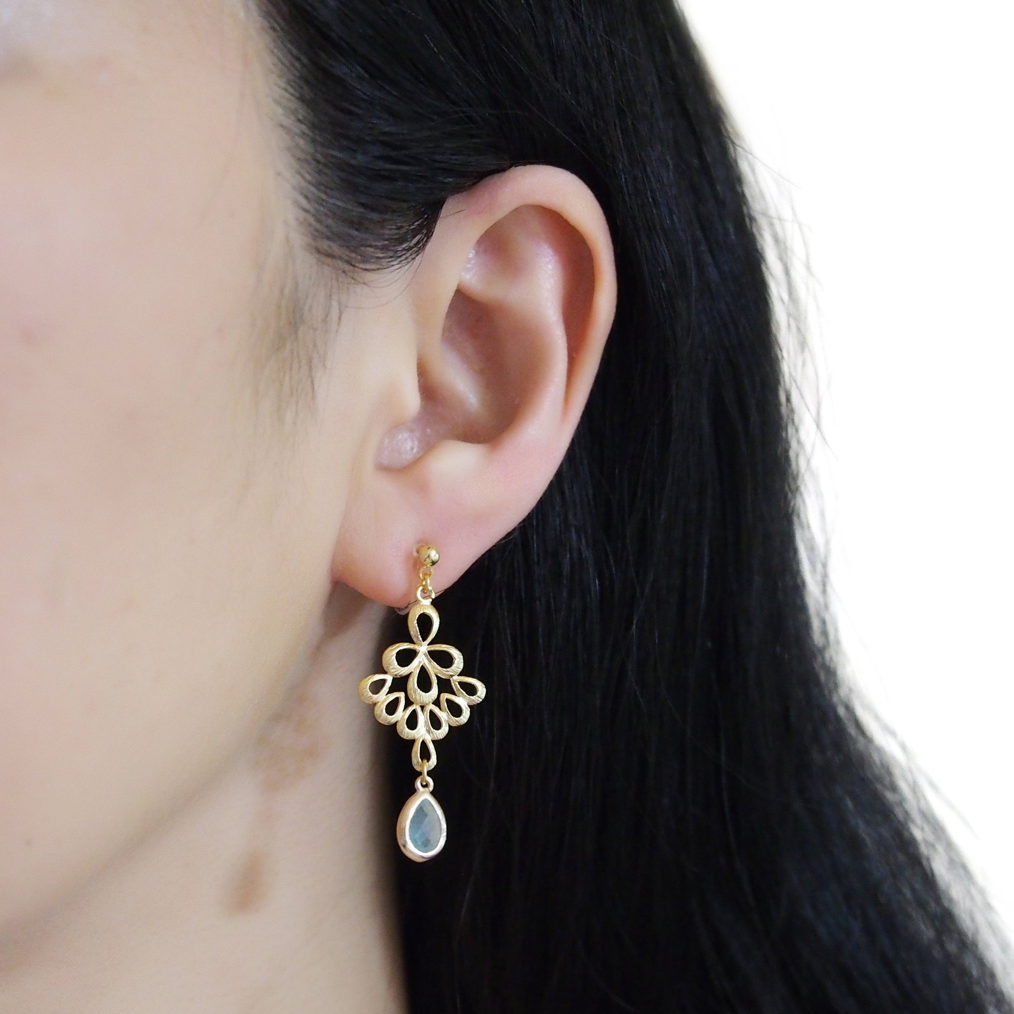 Gold peacock feather with mint green teardrop glass invisible clip on earrings - miyabigracejewelry.com