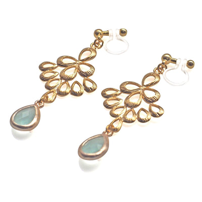 Gold peacock feather with mint green teardrop glass invisible clip on earrings - miyabigracejewelry.com