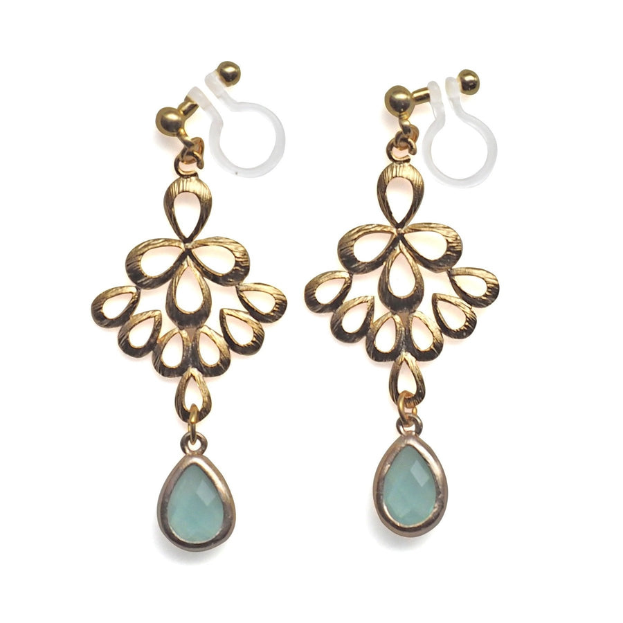 Gold peacock feather with mint green teardrop glass invisible clip on earrings - miyabigracejewelry.com