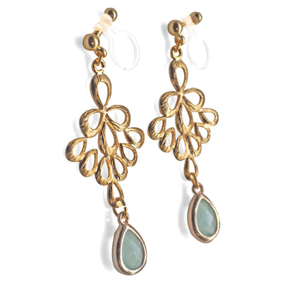 Gold peacock feather with mint green teardrop glass invisible clip on earrings - miyabigracejewelry.com