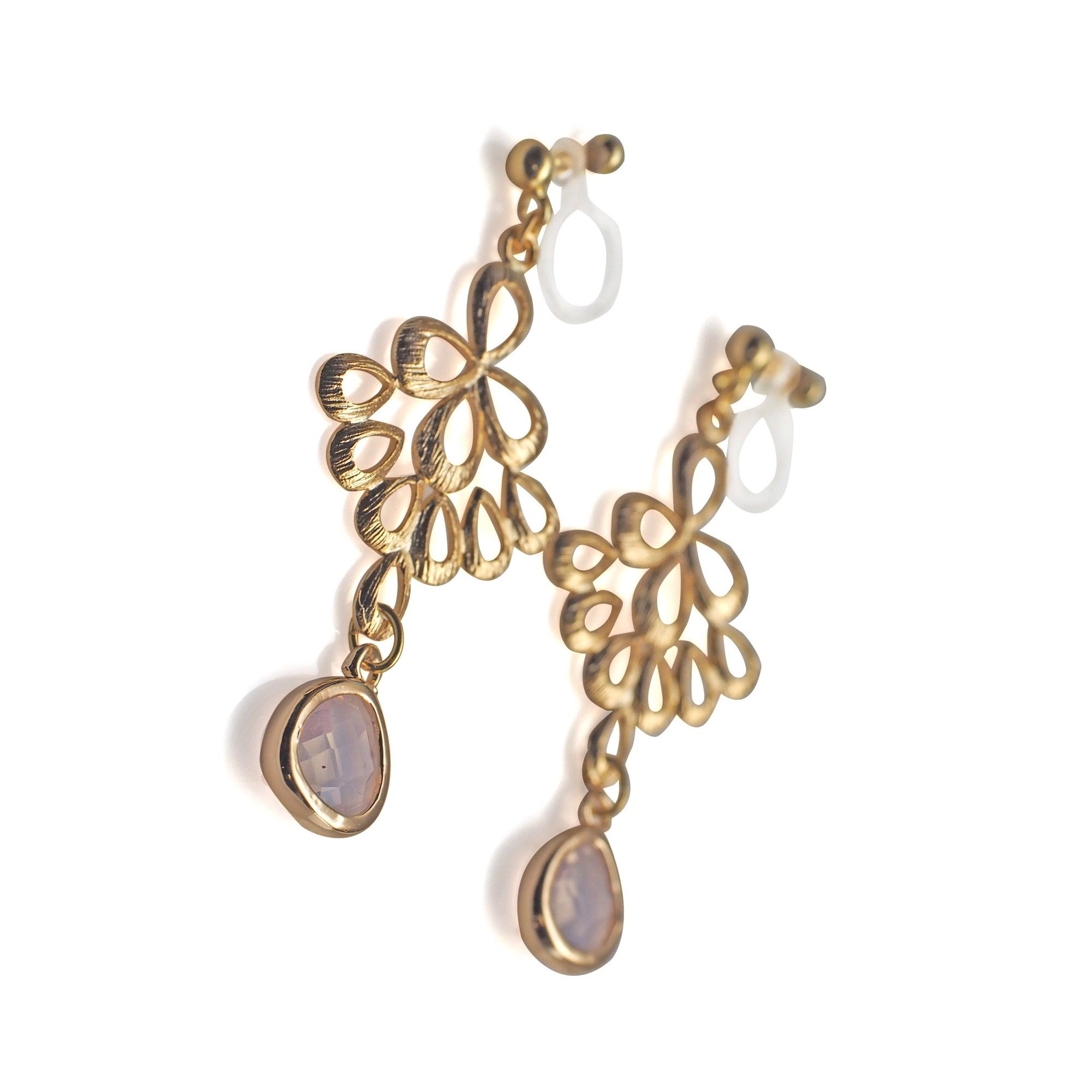 gold peacock feather with pink teardrop glass invisible clip on earrings - miyabigracejewelry.com