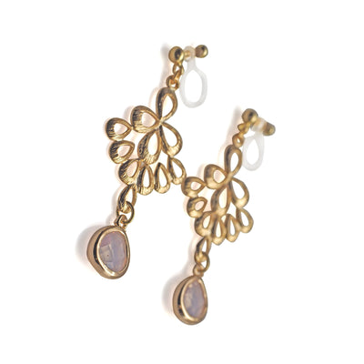 gold peacock feather with pink teardrop glass invisible clip on earrings - miyabigracejewelry.com