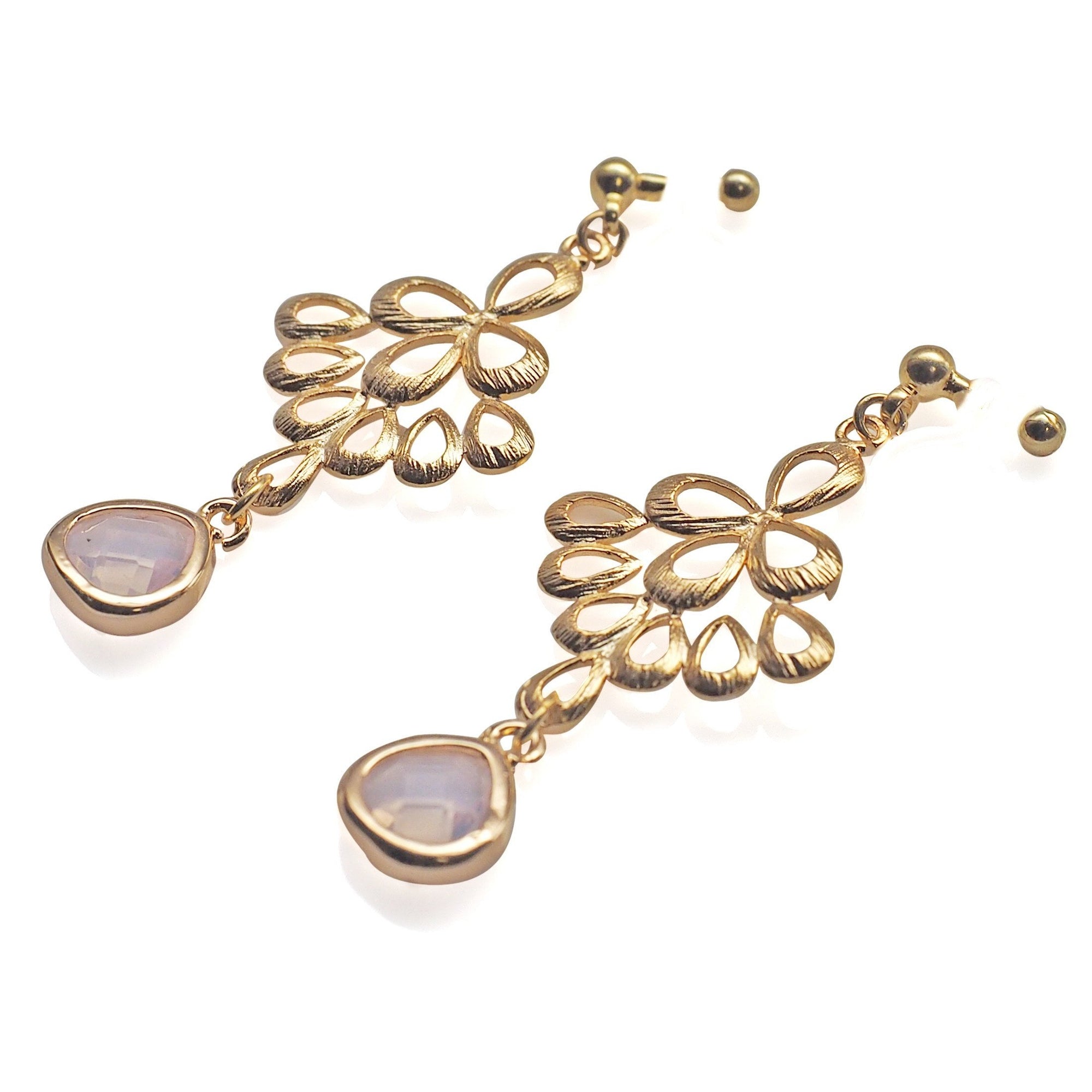 gold peacock feather with pink teardrop glass invisible clip on earrings - miyabigracejewelry.com