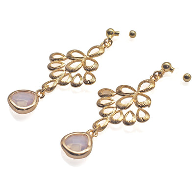 gold peacock feather with pink teardrop glass invisible clip on earrings - miyabigracejewelry.com