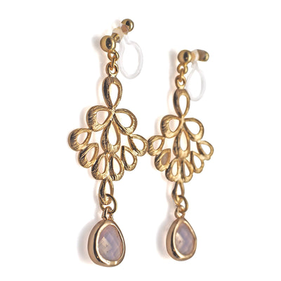 gold peacock feather with pink teardrop glass invisible clip on earrings - miyabigracejewelry.com