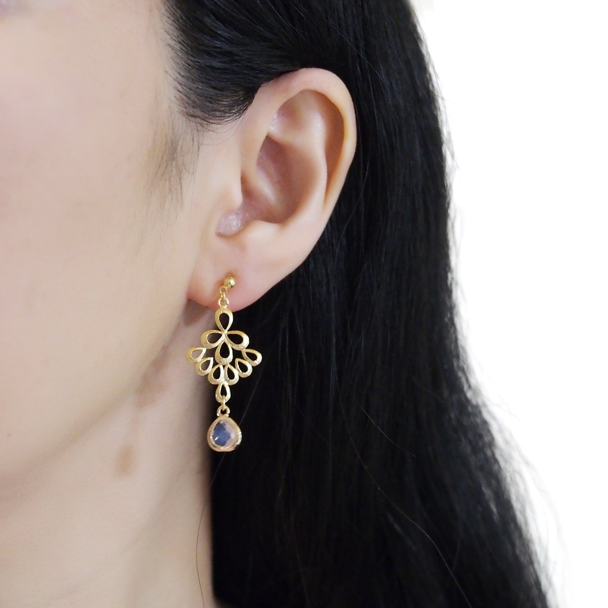 gold peacock feather with pink teardrop glass invisible clip on earrings - miyabigracejewelry.com