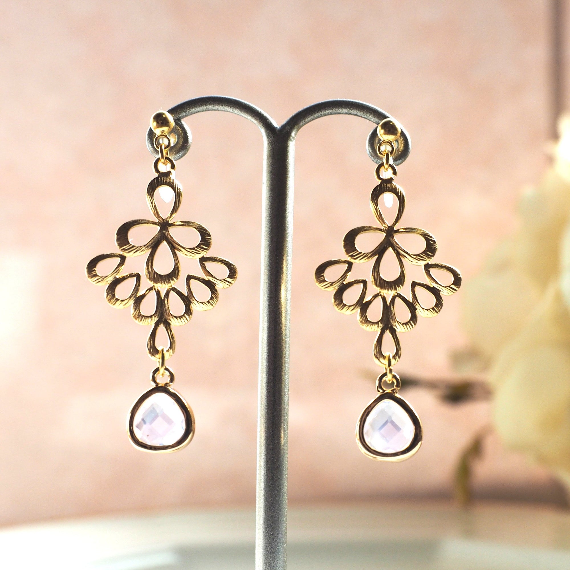 gold peacock feather with pink teardrop glass invisible clip on earrings - miyabigracejewelry.com