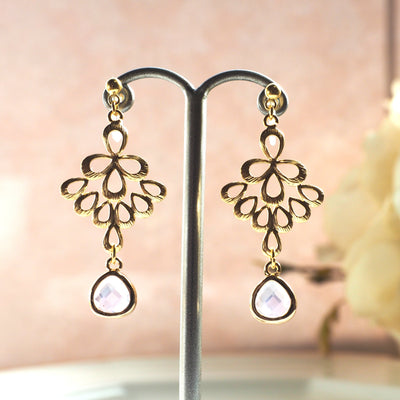 gold peacock feather with pink teardrop glass invisible clip on earrings - miyabigracejewelry.com