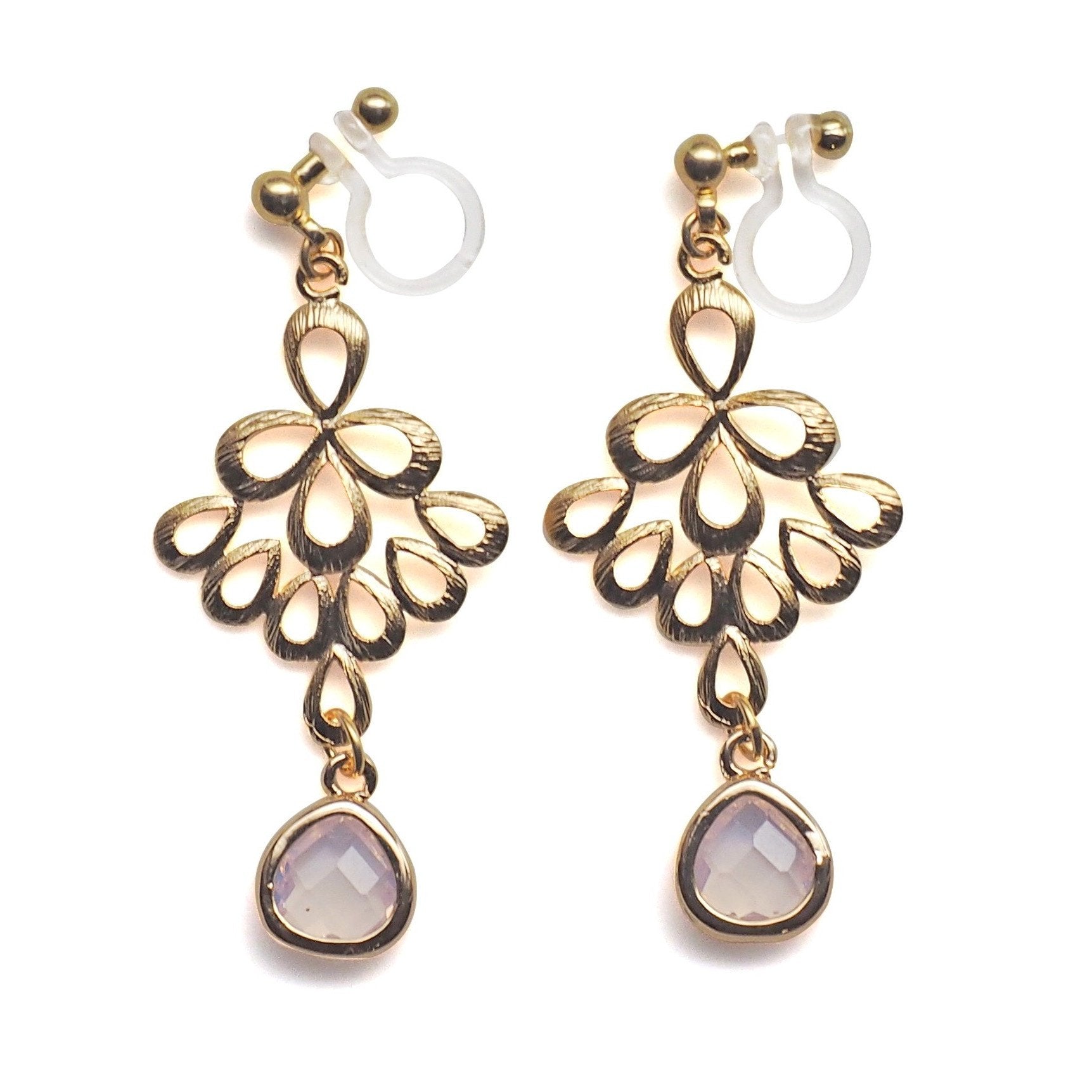 gold peacock feather with pink teardrop glass invisible clip on earrings - miyabigracejewelry.com