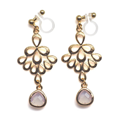 gold peacock feather with pink teardrop glass invisible clip on earrings - miyabigracejewelry.com
