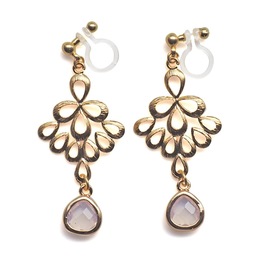 gold peacock feather with pink teardrop glass invisible clip on earrings - miyabigracejewelry.com