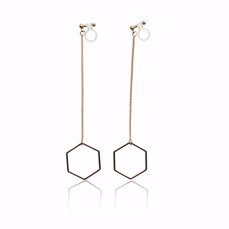 Dangle long gold hexagon invisible clip on earrings - miyabigracejewelry.com