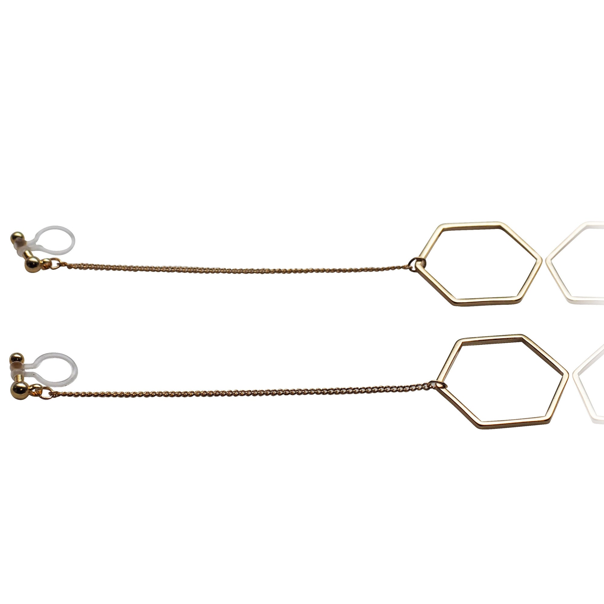 Dangle long gold hexagon invisible clip on earrings - miyabigracejewelry.com
